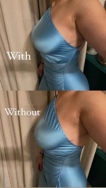 Person in a satin form-fitting dress, with text showing comparison of wearing shapewear: