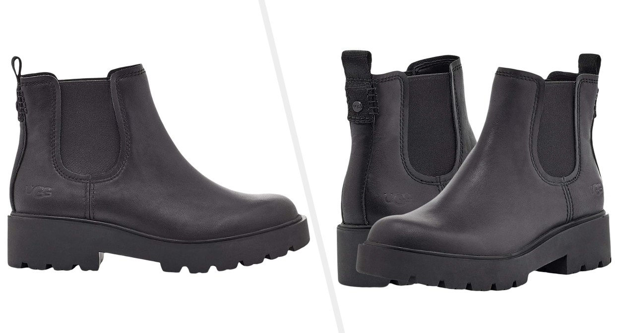 Two images of the black Ugg boots