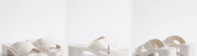 Three images of white heel sandals