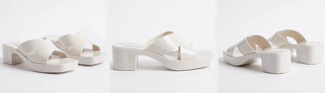 Three images of white heel sandals