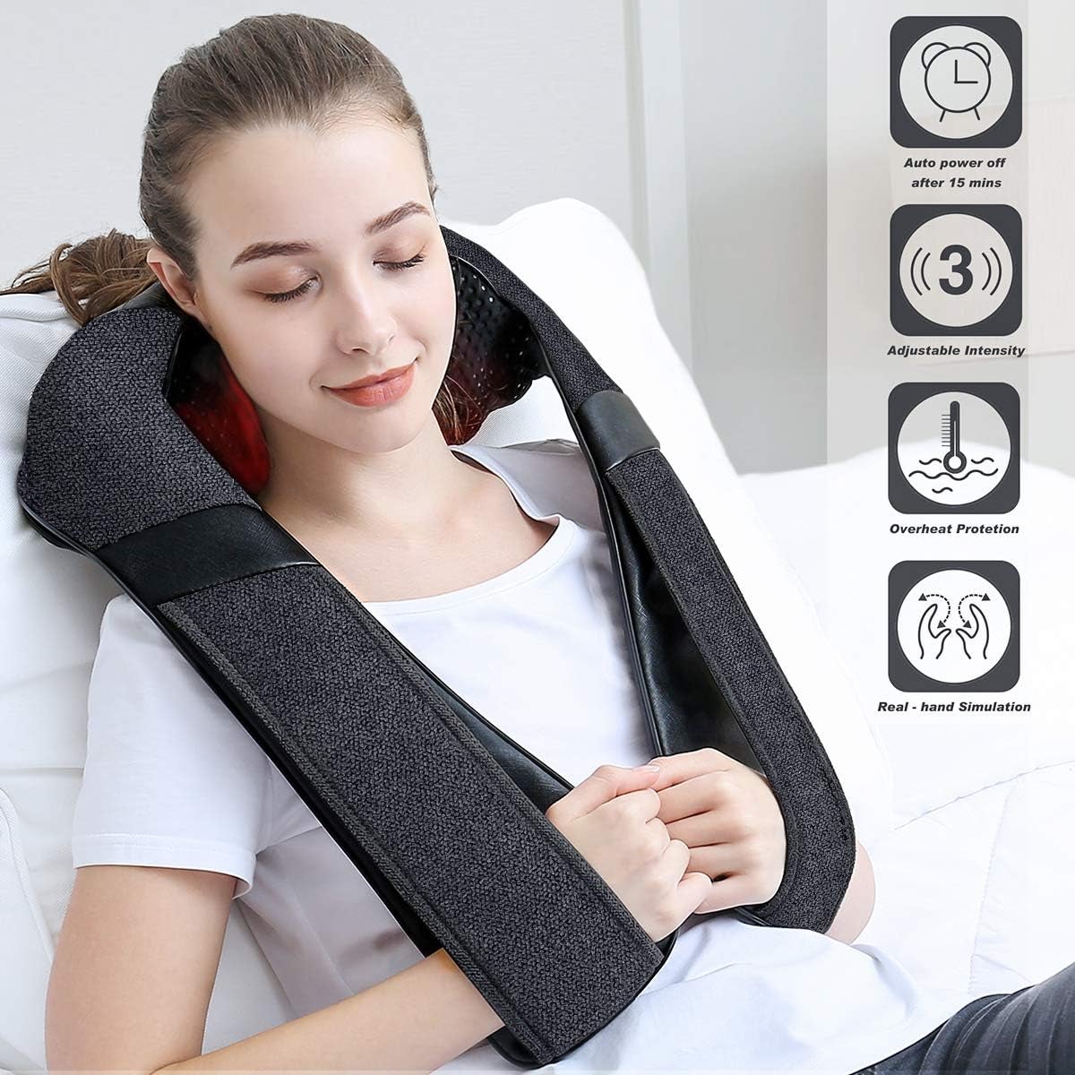 model using massager on neck