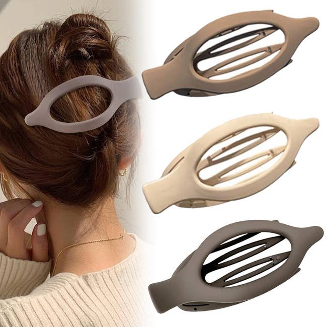 model with hairsbreadth  clip bun adjacent  to 3  idiosyncratic  claw hairsbreadth  clips connected  show  for shopping