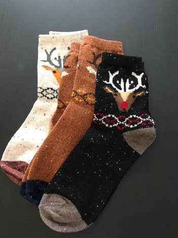 reviewer's reindeer socks laid out