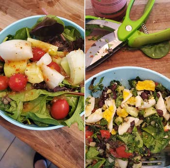 reviewer's salad with mixed greens, cherry tomatoes, and chunks of cheese; then the saladwith chopped vegetables and dressing