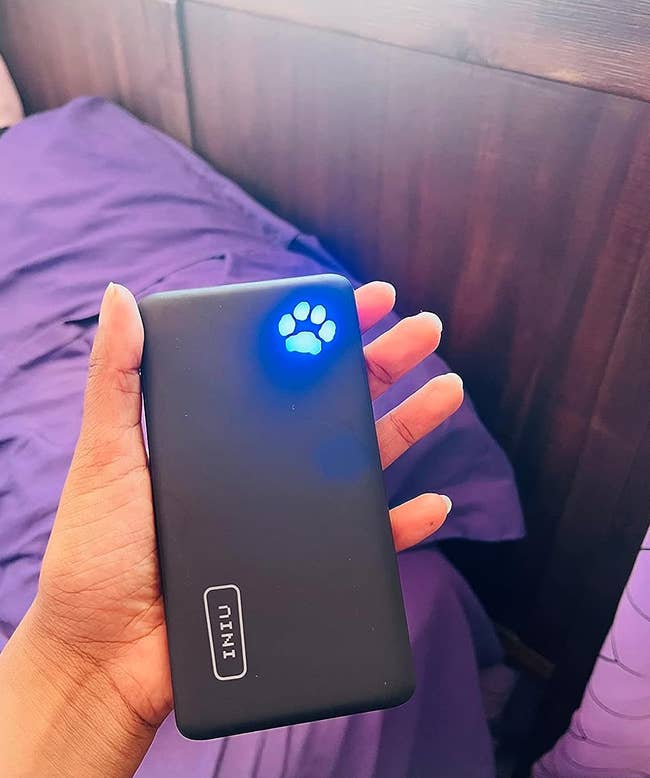 A reviewer holding the portable charger