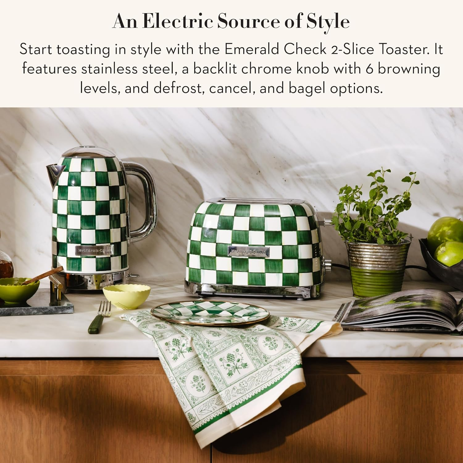 Checkered room  appliances with a kettle and toaster connected  a countertop, surrounded by plants and a decorative sheet  and cloth
