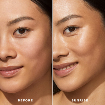 a model before wearing supergoop glowscreen / a model after applying the glowscreen in sunrise