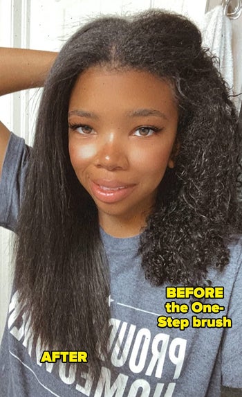 Reviewer with tight curls on the right side and completely straight on the other side after using the dryer brush