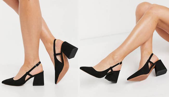 Two images of model wearing black heels