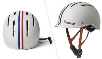Split images of white helmet with red, white, and blue stripe down the middle