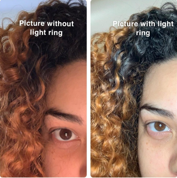 A reviewer shows a dark before image without the ring light, and a brighter after image while using the light.