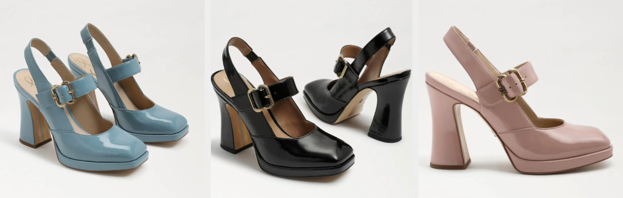 Three images of blue, black, and pink shoes
