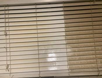 reviewer's blinds, half of which are clean and the other half are coated in a thick layer of brown dust