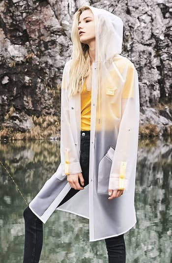 model wearing the clear rain coat with yellow buttons and straps