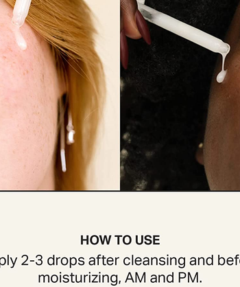 Model applying the white serum on their face with a dropper