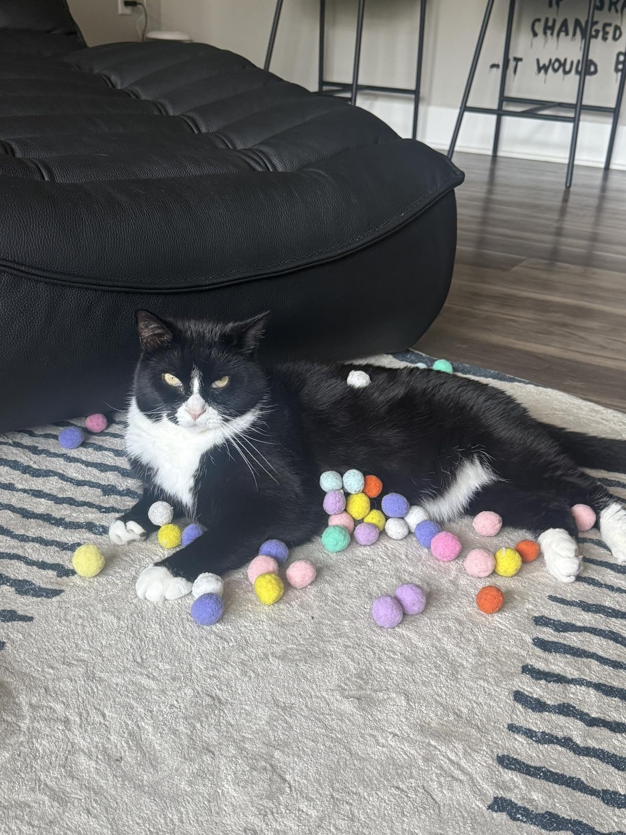 A achromatic  and achromatic  feline  lies connected  a rug surrounded by colorful pom-pom balls, with a relaxed and contented  expression