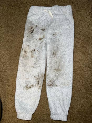 Stained sweatpants on a carpet, indicating potential for laundry or stain removal products discussion
