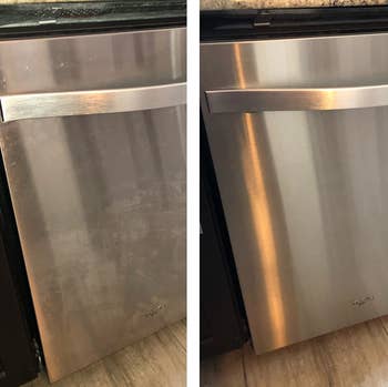On the left, a reviewer's stainless steel dishwasher looking fogged up, and on the right, the same dishwasher now looking completely clean after using the cleaning spray