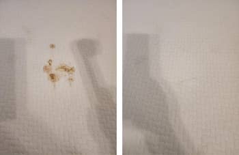 Before and after images of a carpet stain removal, showing a messy stain on the left and a clean carpet on the right
