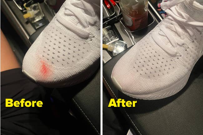 a reviewer's before and after image of their sneakers with a stain that was removed using a tide to go pen