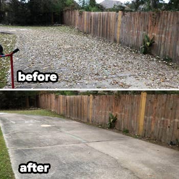 before and after of leaves all across a reviewer's driveway, followed by the driveway looking spotless and free of leaves