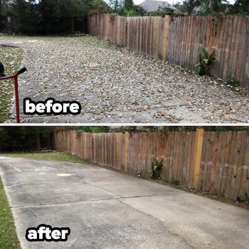 before and after of leaves all across a driveway, followed by the driveway looking spotless and free of leaves