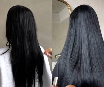 Before and after comparison of a person's long, straightened hair