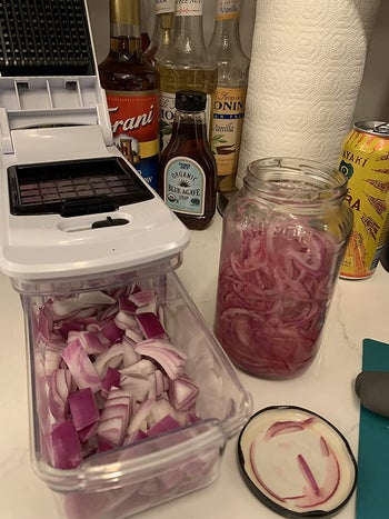 A reviewer shows chopped onions after using the gadget