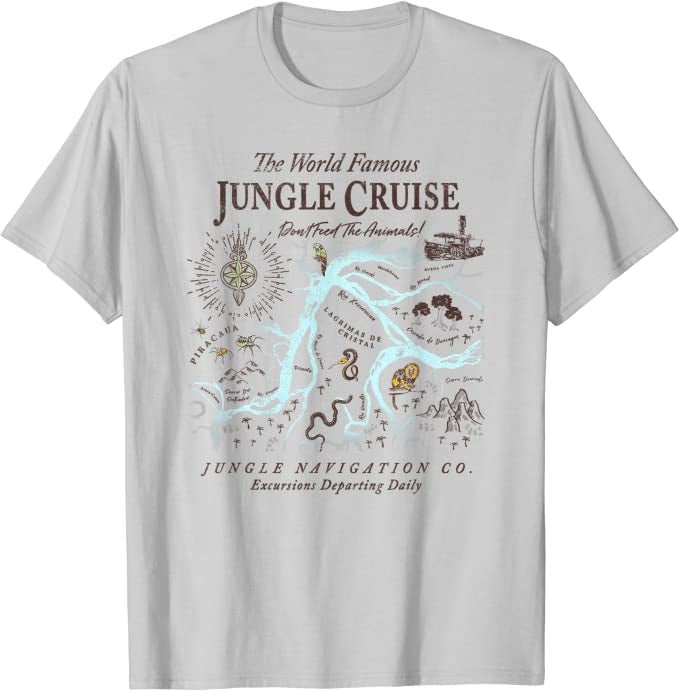 a gray t-shirt with a map of the jungle cruise on it