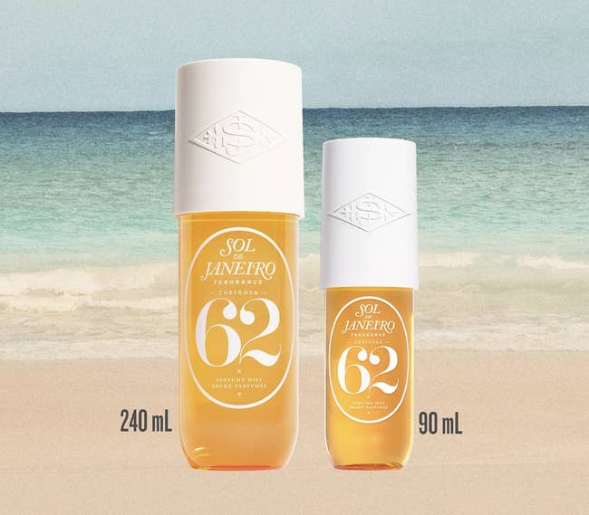Two bottles of Sol de Janeiro Cheirosa '62 fragrance, sizes 240 mL and 90 mL, displayed against a formation background