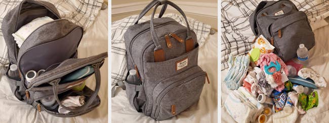 Three reviewer images of the backpack in gray