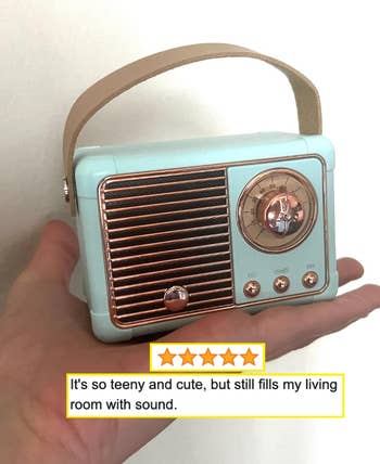 A reviewer holding a vintage-style mini radio with a caption expressing delight at its sound quality