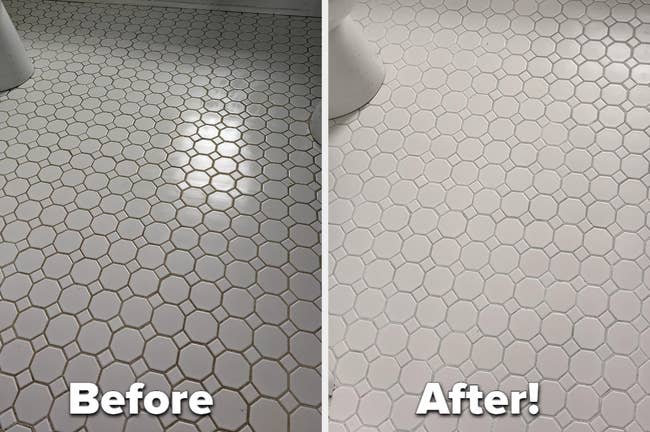 reviewer's before photo of hexagonal tiles with dirty grout,, then after looking clean and white with the grout paint pen