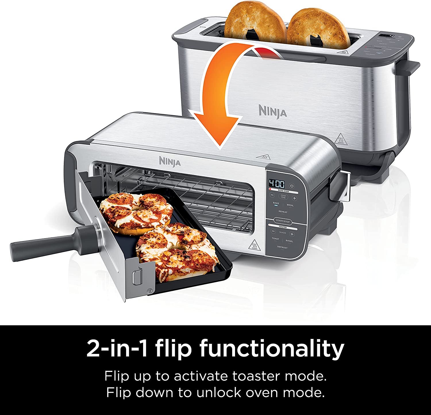 a product photo of the appliance showing how it goes from a toaster to a toaster oven