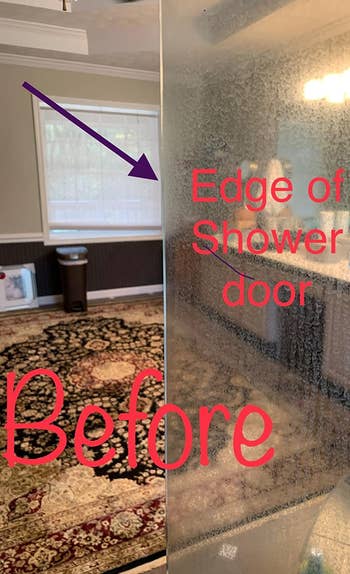 Reviewer photo of a shower glass door covered in hard water stains