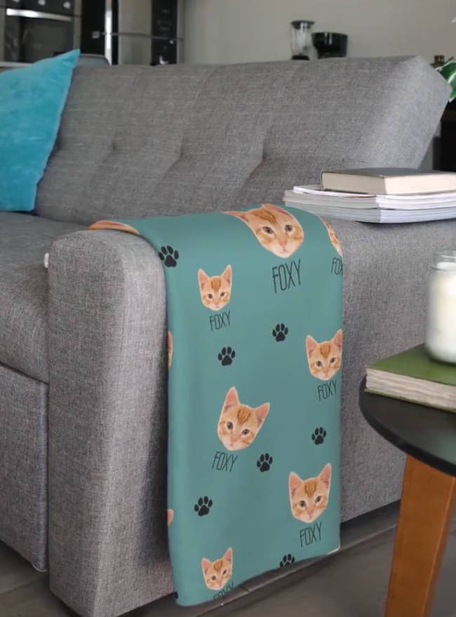 a blue blanket with an orange cat on it
