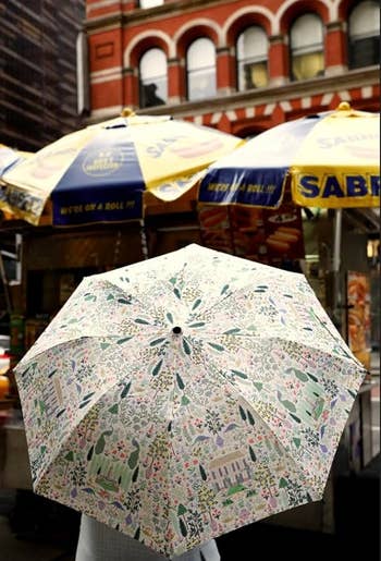 Person with a patterned umbrella walking past a shopfront with colorful awnings