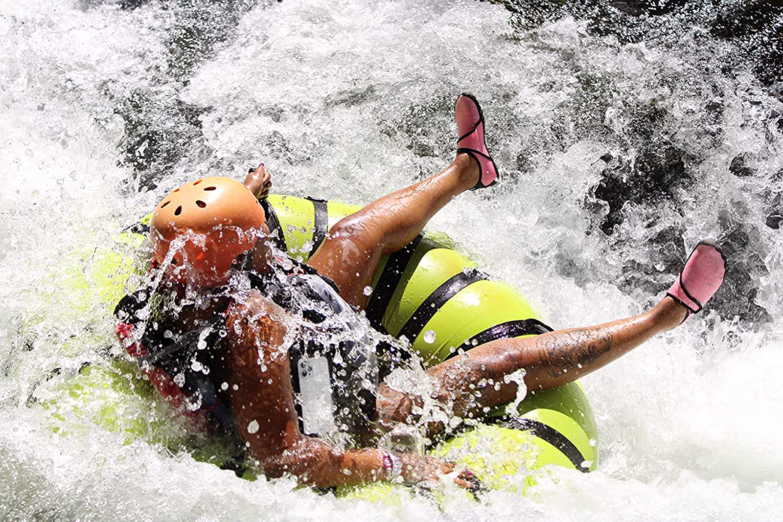 reviewer wearing the pinkish  shoes portion    tubing