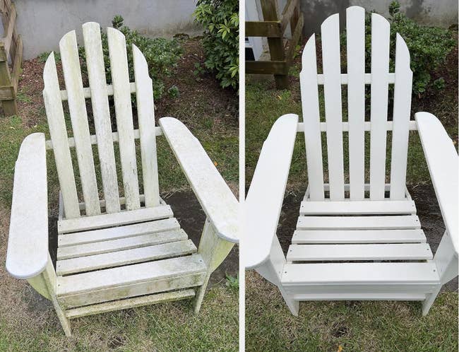 Before and after of a wooden Adirondack chair, first dirty then cleaned of mildew and dirt