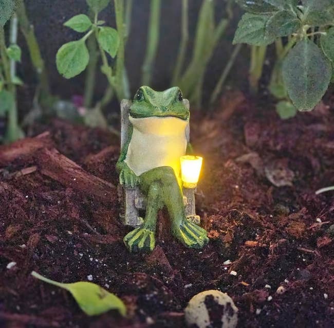 Garden frog sculpture holding a glowing lantern, seated among plants, mushrooms, and soil