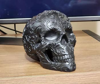 The skull in black on a reviewer's desk