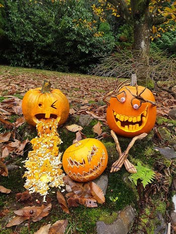 reviewer's pumpkin with arms and legs attached as part of an outdoor display