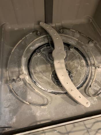 a reviewer photo of a dirty dishwasher interior 