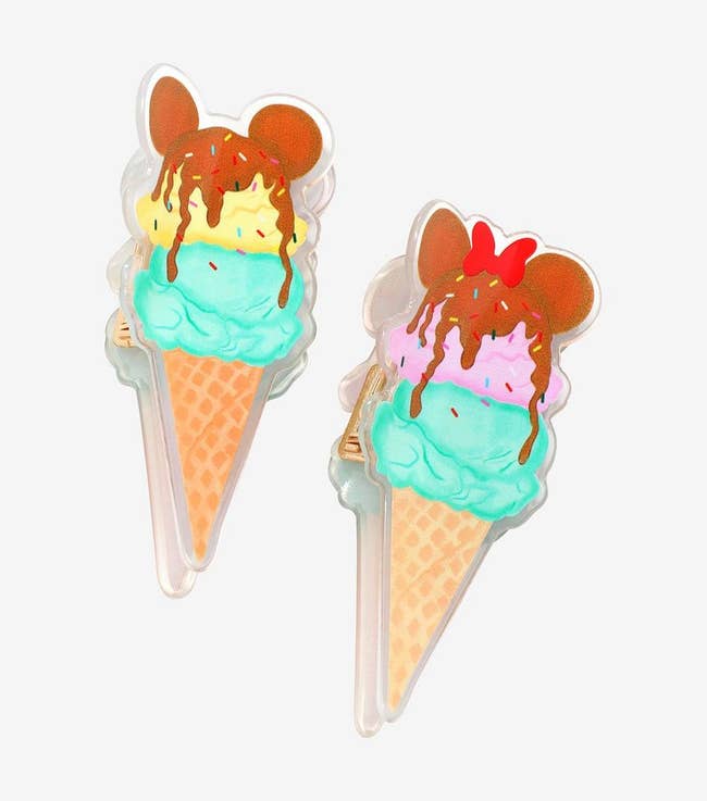 plastic and metal hair claws that look like ice cream cones with two scoops and chocolate mickey and minnie ears