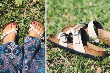 Reviewer image of person wearing white and brown sandals in grass, close up of product on top of grass