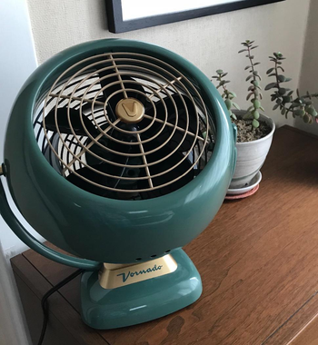 reviewer photo of the green and gold fan on a dresser