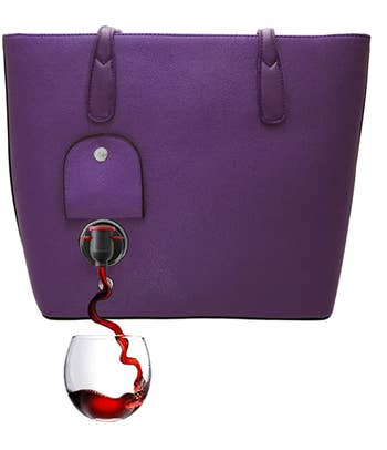 Purple purse with a pocket that lifts to dispense wine