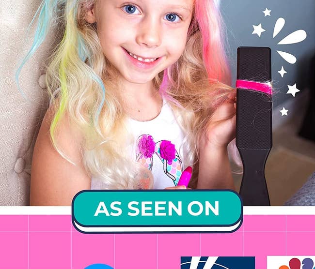 child model with blonde hair with yellow, blue, pink, and purple highlights created with hair chalk