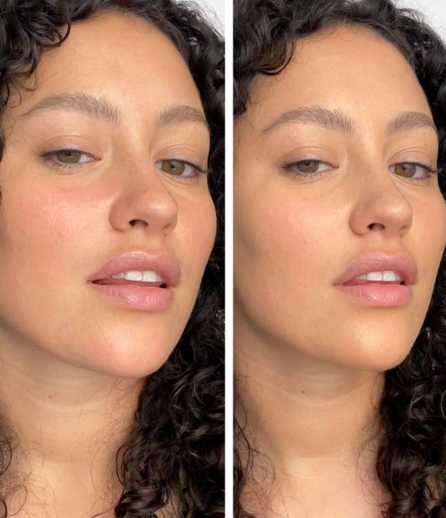 Model before and after applying the skin tint