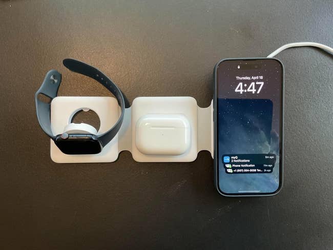 3-in-one foldable wireless charger with Apple Watch, AirPods case, and iPhone